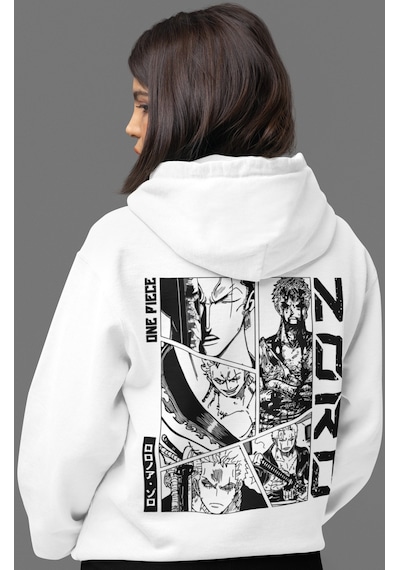 Sevbano One Piece Roronoa Zoro Anime Sırt Baskılı Unisex Oversize Penye H beyaz