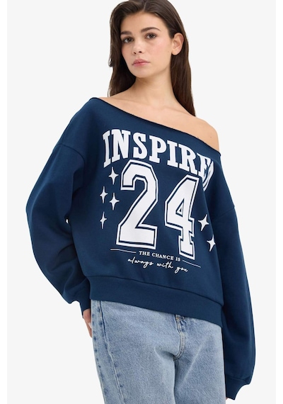 Defacto Oversize Geniş Kalıp Açık Omuz Baskılı Kalın Sweatshirt G7182ax25cwnv1 Lacivert-nv1