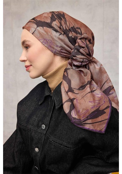 Silk Home Pamuk Polyester Soft Eşarp Yaprak Desen Mor 90x90 Çok Renkli