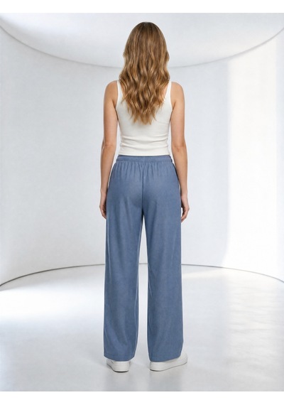 Nealirsanall.com Kadın Mavi Tencel Bol Paça Pantolon - Beli Bağcıklı Geniş Paça Pantolon