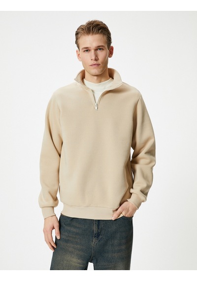 Koton Yarım Fermuarlı Sweatshirt Basic Dik Yaka Ribanalı Uzun Kollu Bej 4sam70002mk Ekru