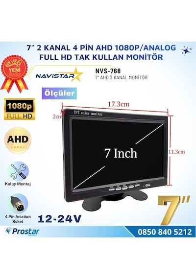 7 İnç 2 Kanal Full Hd Ahd/analog Tak Kullan Araç Monitörü Ayna Görüntüsü Ayarlı + Park Çizgisi 12-24v