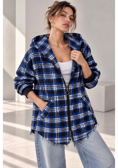 Bb Butik Basic Kapüşonlu Fermuarlı Oversize Ekose Oduncu Gömlek Ceket Kadın Rahat Mevsimlik Günlük Tr0935 mavi
