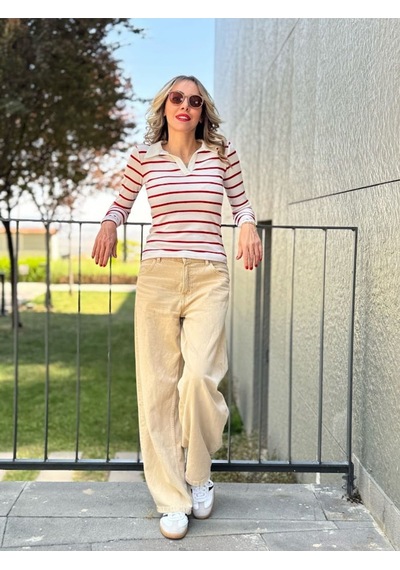 Polo Yaka Çizgili Kaşkorse Bluz - S504446 Çok Renkli