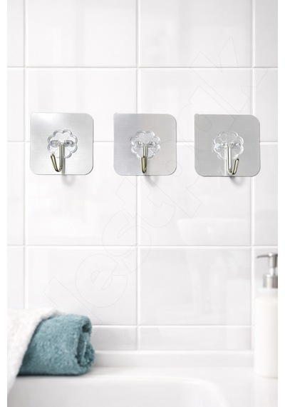 3'lü İnox Renk Askı - Banyo, Mutfak, Kapı Arkası - Kendinden Yapışkanlı - Çift Taraflı Bant Vidasız Gümüş