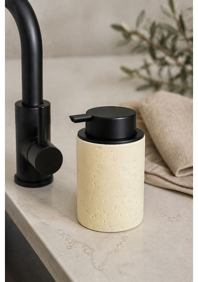 Terra Stoneware Traverten Dokulu Siyah Pompalı Dekoratif Sıvı Sabunluk 500 Ml , 13 X 7.5 Cm Bej