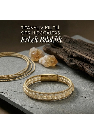 Sitrin Doğal Taş Erkek Bileklik - El Yapımı - Hediye Kutulu Açık Sarı