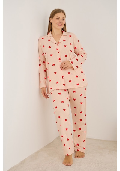 Siyah İnci Curve Büyük Beden Battal Boy Düğmeli Pamuklu Pijama Takımı 7617 Somon Siyah İnci Curve Büyük Beden Battal Boy Düğmeli Pamuklu Pijama Takımı 7617 Somon