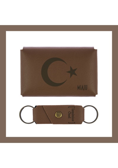 Miaju Kahve Renk, Ayyıldız Desenli, İsme Özel, Cüzdan Ve Anahtarlık Set, Dosta Hediyelik Unutulmaz Anı, Kahve Kahverengi