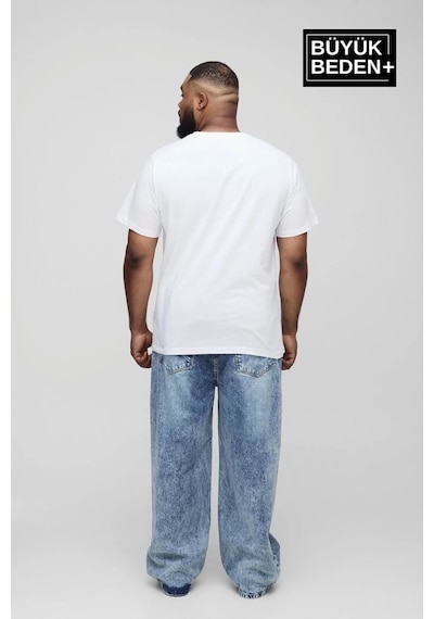 Superlife Erkek Büyük Beden Orta Brooklyn Baskılı 3xl-6xl Bisiklet Yaka Tshırt Spr26bts510-8 Beyaz