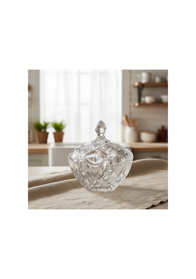 Lora Kristal Desen Kapaklı Parlak Cam Şekerlik 14x12 Cm Şeffaf