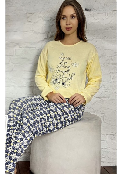 Novavita Yenihayat Sarı Yazı Baskılı Pijama Takımı