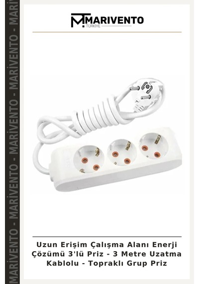 Uzun Erişim Çalışma Alanı Enerji Çözümü 3'lü Priz - 3 Metre Uzatma Kablolu - Topraklı Grup Priz
