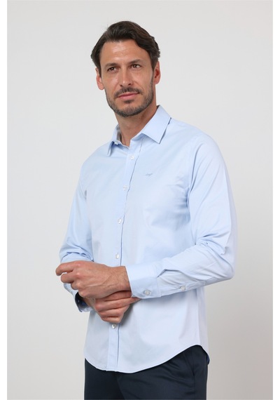 İmza Mavi Sert Yaka Uzun Kol Cepsiz Slim Fit Pamuklu Gömlek 1004260213