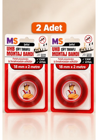 2 Adet Vhb Çift Taraflı Şeffaf Ultra Güçlü 18 Mm X 2 Metre Montaj Bandı Metal Araç Plastik Bantı