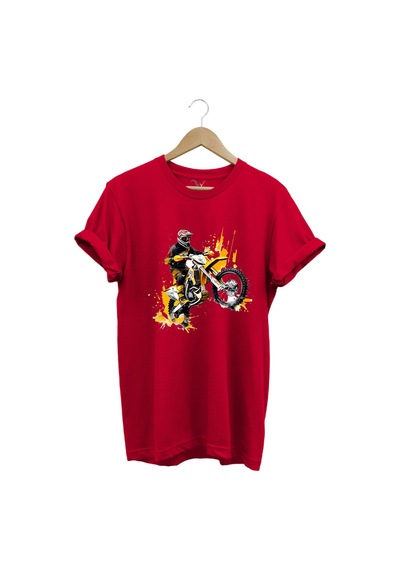 Motorcu Cross Motosiklet Baskılı Ön Kaldıran Motorcu %100 Pamuk Regular Fit Bisiklet Yaka T-shirt Kırmızı