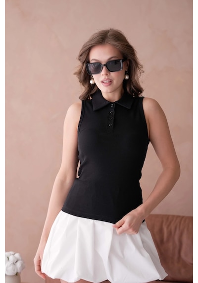 Park Karon Polo Yaka Kolsuz Basic T-shirt Siyah