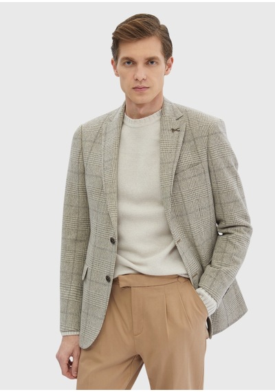 Ramsey Bej Desenli Regular Fit Yün Karışımlı Ceket