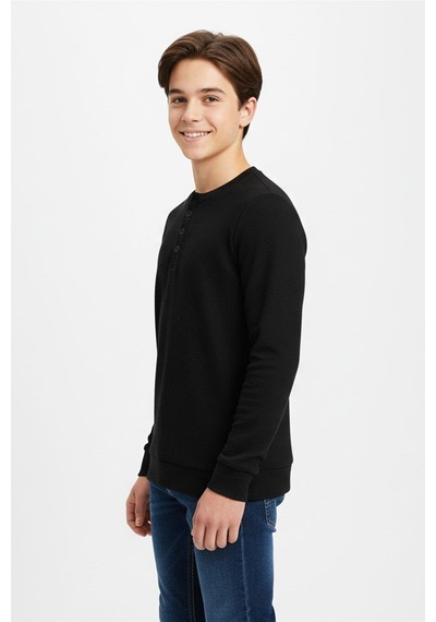 Mevsimlik Düğme Detaylı Bawelna Kumaş Uzun Kollu Erkek Çocuk Sweatshirt-90970 Siyah