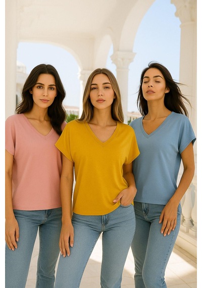 Kadın 3'lü Paket Pembe-mavi-hardal Viskon Ön Arka V Yakalı T-shirt Yarasa Kol Relaxed Bluz Çok Renkli