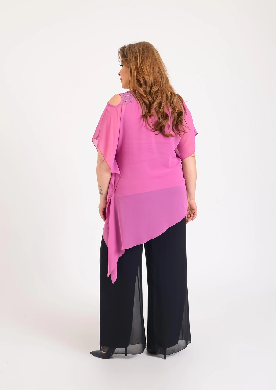 Lilas Xxl Büyük Beden Pembe Renkli Asimetrik Kesim Şifon Bluz Pembe