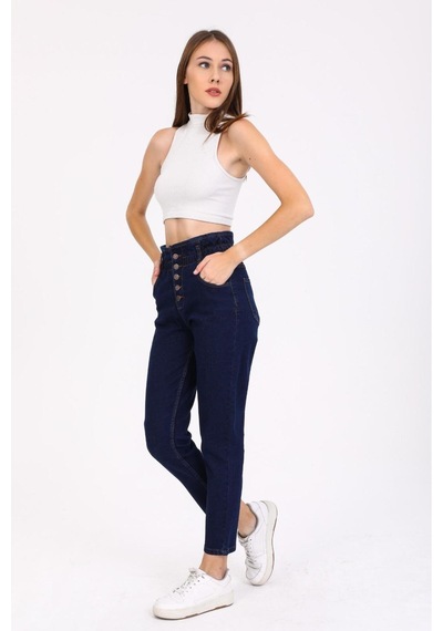 Kene Jeans Kadın Lacivert Patlet Düğmeli Kemer Büzgülü Mom Kot Pantolon Lacivert