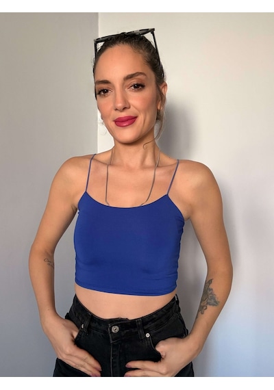 Ali Butik Saks Mavi İp Askılı Crop Atlet Saks Mavi