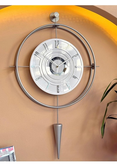 Metaquartz Aksesuar Gümüş-büyük Boy - Lavinya 12-24h Exclusive Özel Kadran Tasarım - Modern Dekoratif Duvar Saati Gümüş 50 X 90