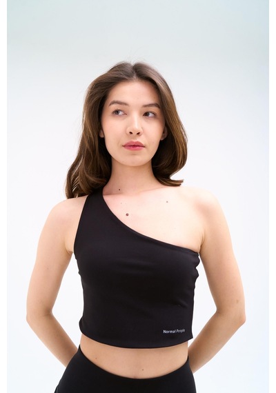 Normal People Luma - Crop Tek Omuz Bra Şeftali Dokulu Peach Skin Kumaş Siyah