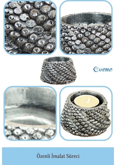 Mumluk Şamdan 3 Adet Tealight Ve İnce Mum Uyumlu Ejderha Yumurtası Model - Gümüş Eskitme
