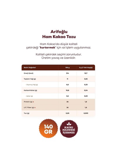 Ham Kakao Tozu 140 Gr. Doğal Ve Katkısız