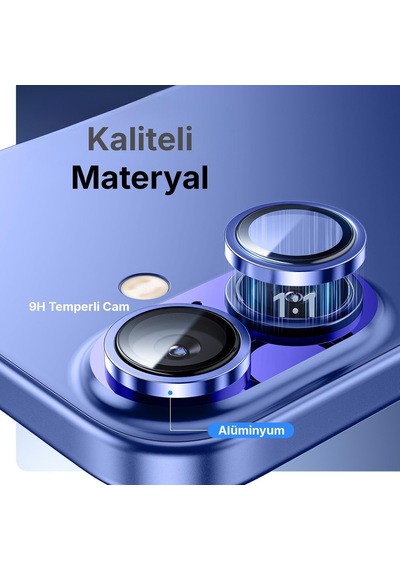 İphone 16 Ve 16 Plus İle Uyumlu Alüminyum Alaşım Çerçeveli Ve 9h Sertliğinde Temperli Camlı Lens Koruyucu Mavi, Sapphire Glass