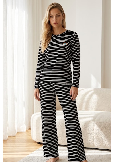 Siyah İnci Viskon Örme Pijama Takımı 26240305 Siyah
