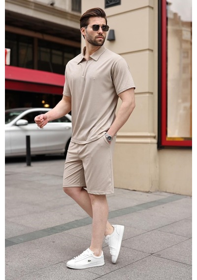 Bej Polo Yaka T-shirt Şort Takım E7363