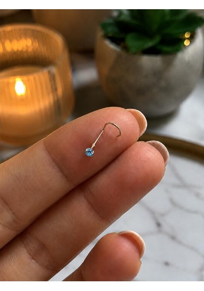 925 Ayar Gümüş Açık Mavi Taşlı Burun Hızması Piercing Minimal L Şekilli Unisex Nose Stud Gri