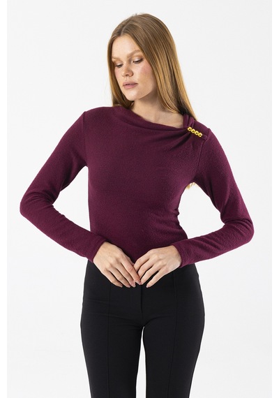 Giysa Kadın Asimetrik Yaka Omuz Aksesuar Detaylı Body Bordo - 26100 Bordo