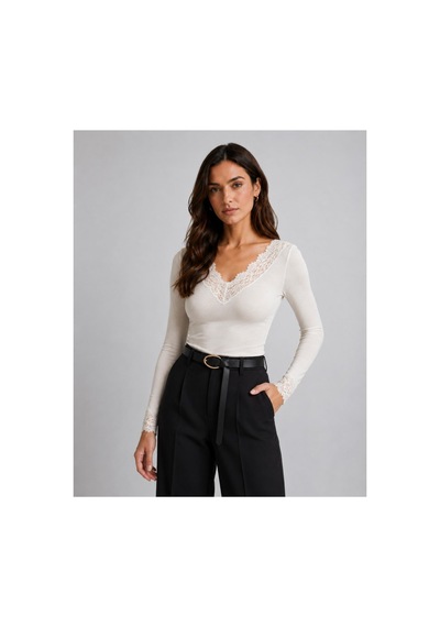 Unika Boutique Dantelli Kaşmir Uzun Kollu Bluz Beyaz