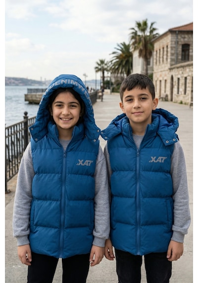 Pina Kids Unisex Çıtçıt Kapüşonlu Baskılı Şişme Yelek Mavi