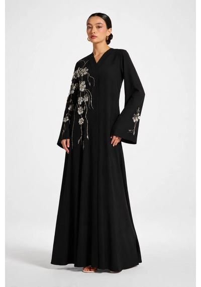Nazzain Nisra Çiçek İşlemeli Özel Tasarım Abaya Çok Renkli