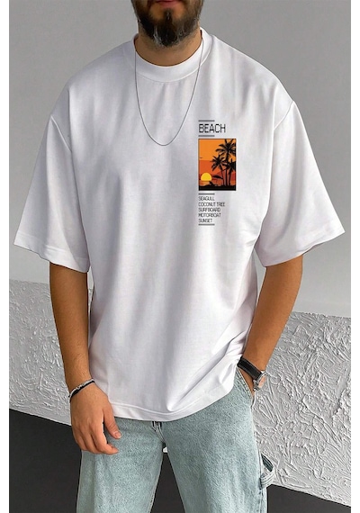 Erkek Beach Baskılı Oversize Tshirt Beyaz