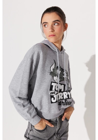 Regular Fit Normal Kesim Kapüşonlu Gri Melanj Tom Ve Jerry Baskılı Sweatshirt L231211035 Gri