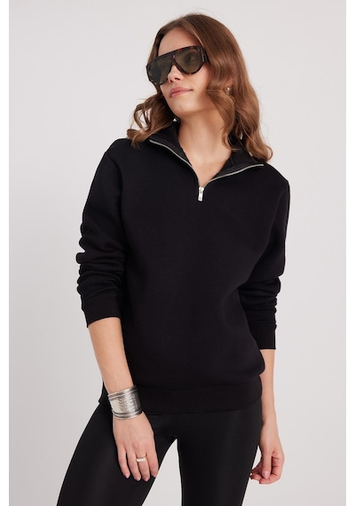 Tudors Kadın Relax Fit Rahat Kesim Pamuklu İçi Polarlı Yarım Fermuarlı Siyah Dik Yaka Sweatshirt-37888 SiYAH