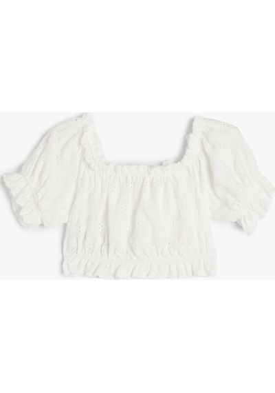 Koton Crop Bluz Balon Kol Fisto Detaylı Ekru 4skg10040ak Ekru
