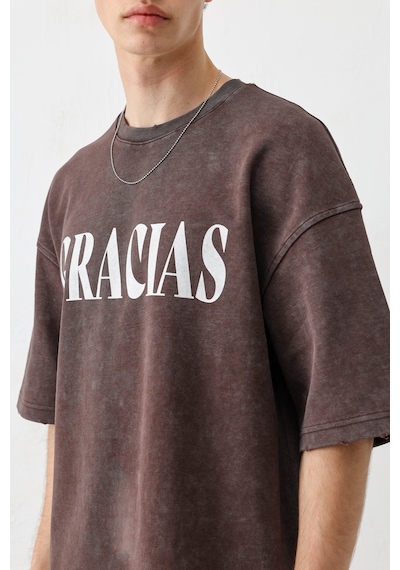 Vamos Oversize Baskılı Tişört V70-143 Kahve