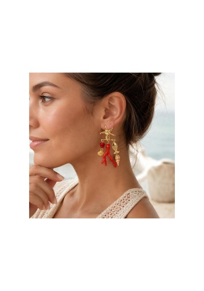 Deniz Temalı Gold Mercan Küpe Kırmızı Mercan Deniz Yıldızı Sallantılı Kadın Küpe Kırmızı - 886835893 Kırmızı - 886835893 Kırmızı