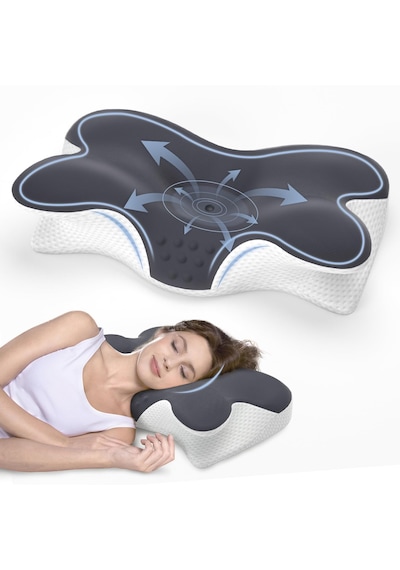 Shufa Kelebek Tasarımlı Ortopedik Boyun Destek Yastığı Yavaş Yükselen Memory Foam Ergonomik Uyku Yastığı Beyaz - Gri