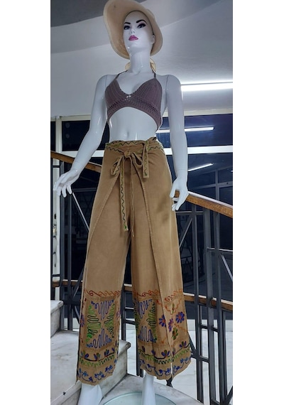 Eren Style Otantik Nakış İşlemeli Harem Şalvar Bulmaca Pantolon 103 Cm -8719 Bej