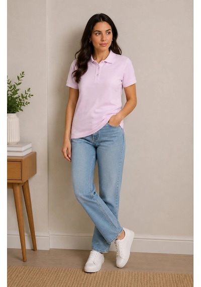 Primemagazam Kadın Polo Yaka Pike Kumaş Düğmeli Basic Tişört Günlük Rahat - Pembe Çeşitli