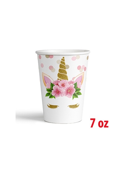 4 Paket 7 Oz Karton Bardak Çiçekli Unicorn 8'li - Parti Bardağı