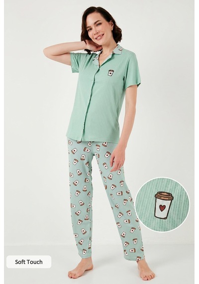 Lela Regular Fit Gömlek Yaka Kısa Kollu Bayan Pijama Takımı 65740102 Mint-Bej
